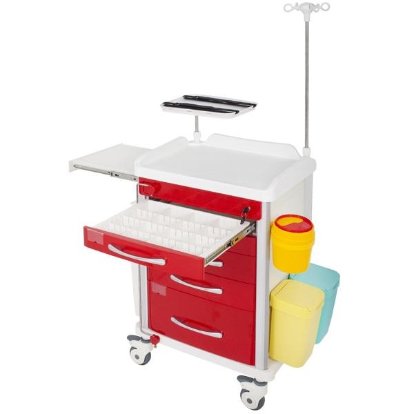 EMERGENCY TROLLEY RED 5 DRAWER LOCKING BAR, DEFIB SHELF, IV POLE & ACCESSORIES  Trolleys