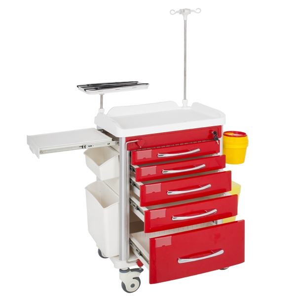 EMERGENCY TROLLEY RED 5 DRAWER LOCKING BAR, DEFIB SHELF, IV POLE & ACCESSORIES  Trolleys