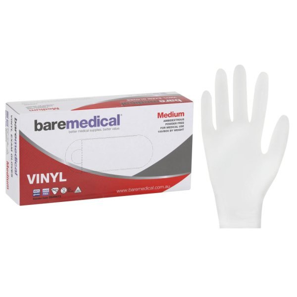  VINYL NON-STERILE POWDER FREE White Gloves- Medium  BareMedical